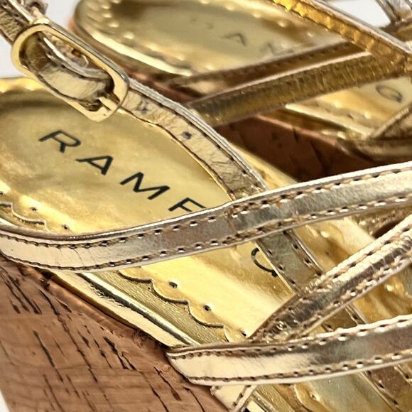 Rampage Gold Metallic Strappy Sandal Womens Sz 8 Cork Wedges Glam Holiday‎ Club - Picture 11 of 14